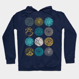 Abstract pattern with organic hand drawn circular shapes in blue, gray and yellow shades by Akbaly Hoodie